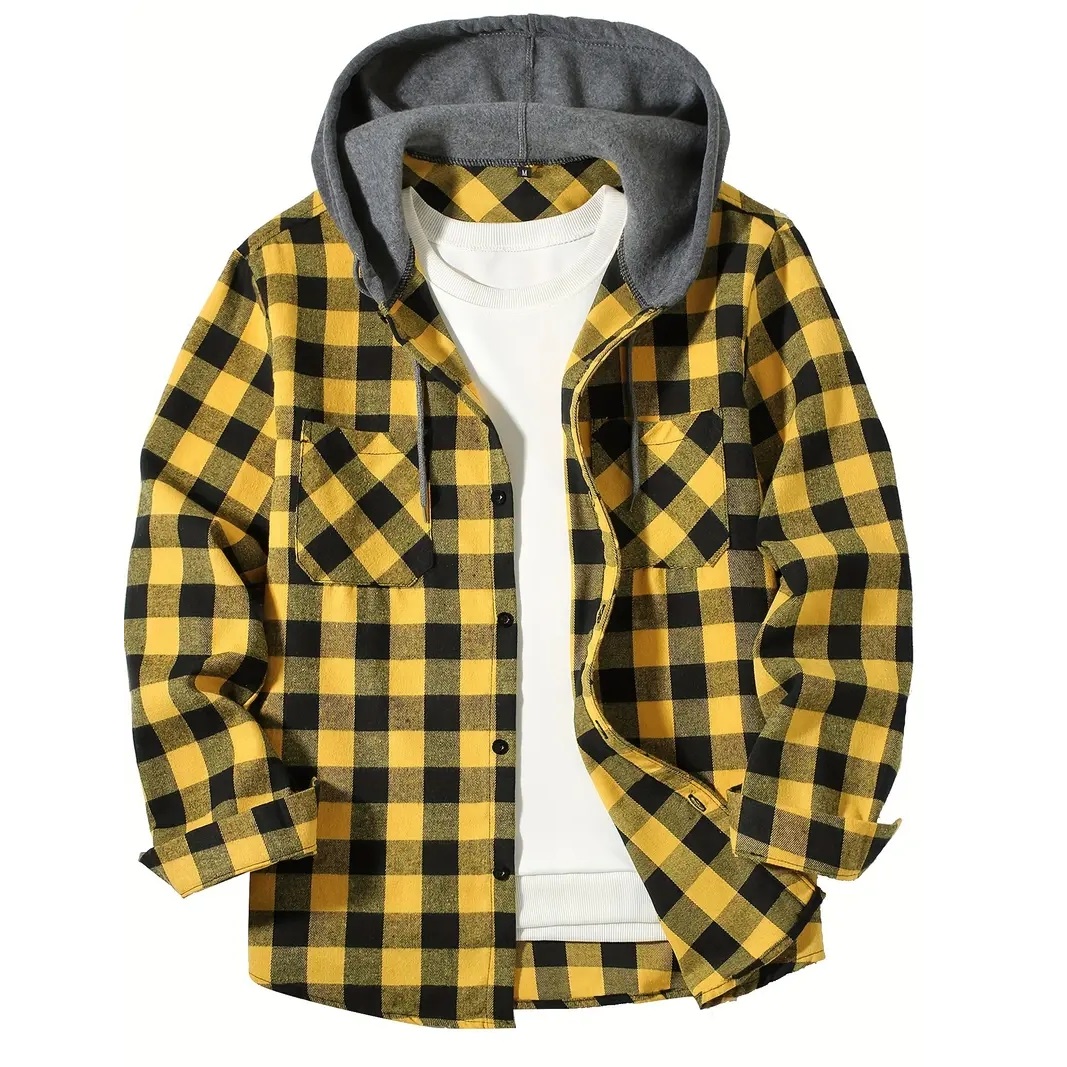 Herrenhemden, klassisch, kariert, lässig, Taste-Nieder-Kapuze, langärmelig, Doppeltaschen, Hemd, Kapuzenpullover, Flanelljacke, Frühlings- und Herbstoberteile: S / Gelb