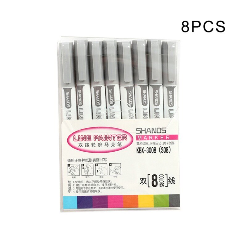 Dubbele Lijn Pen Card Schrijven en Tekenen Dubbele Lijn Overzicht Pen 9 Kleur Handschrift Pen Fine Liner Marker Scrapbooking pen: 8pcs grey