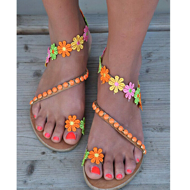 1 paar Vrouwen Sandalen Bohemen Bloem Platte Schoenen Anti-slip Mode voor Zomer Strand FG66