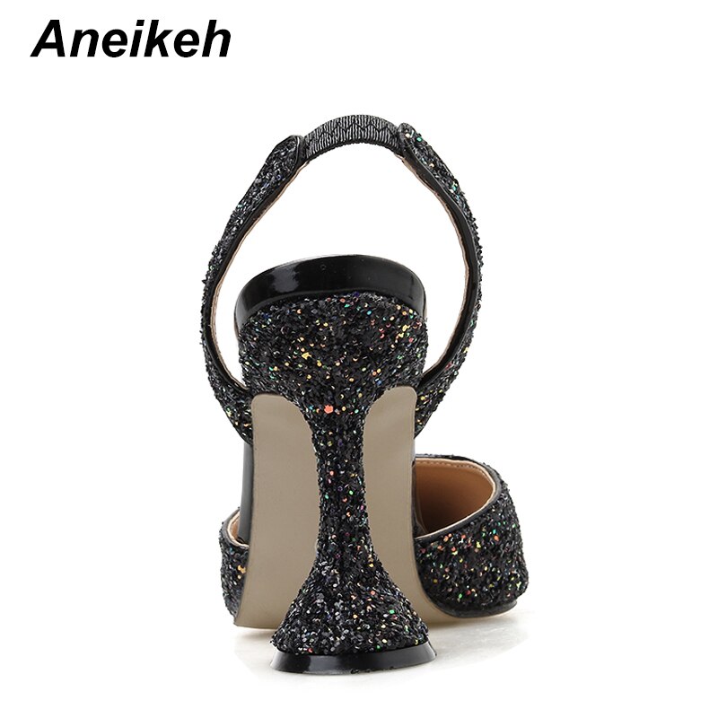 Aneikeh Glisten Sequins Women Pumps Pointed Toe High Heels Weeding Shoes Spike Heel Slingback Ladies Pumps