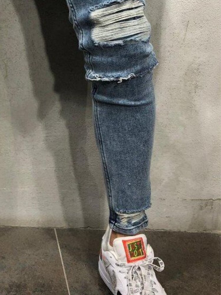 Ripped Skinny Jeans Mannen Blauw Potlood Broek Mannelijke Slanke Biker Denim Broek Gat Punk Casual Close-Fitting Broek