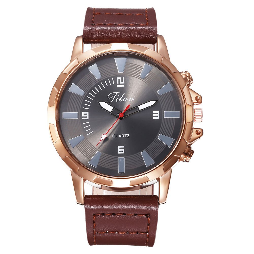 Dubbele Schaal Heren Horloges Grote Zwarte Wijzerplaat Zaken Horloge Voor Mannen Lederen Band Polshorloge Mode Quartz Horloge Montre homme: Brown