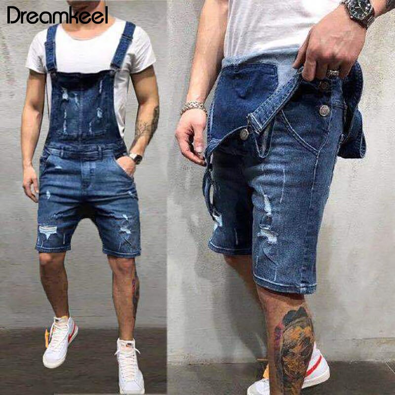 Men's Hole denim shorts jumpsuit men Vintage Overalls Male Casual Suspender trouser summer Playsuit men shorts jumpsuit men Y