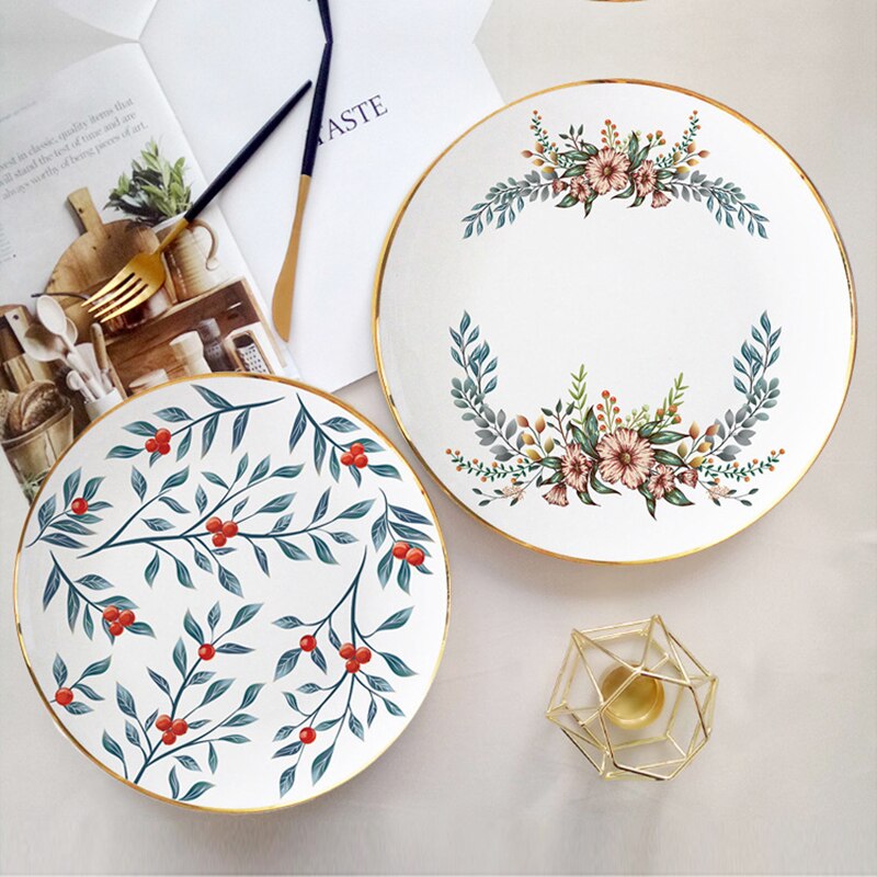 Leaf Print Bone China Dinner Plate For Wedding Home Dishes and Plates Steak Deesert Round Plate Year Annual Decoration Plate