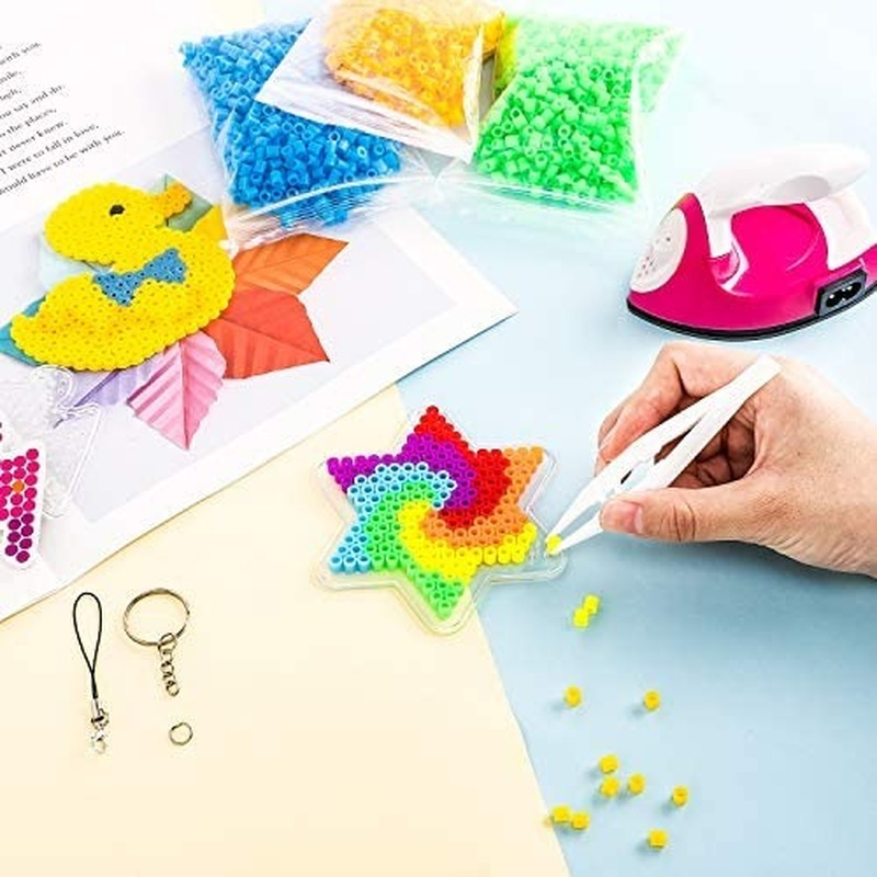 Fuse Beads Pegboards Set 3 Large and 9 Small pegboard with 12 Colorful Cards 12 Keychains 12 Key Hang Ropes for Kids DIY Craft