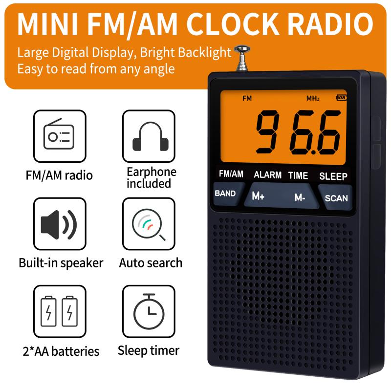 Mini AM/FM Dual Band Radio Portable Stereo Radios Clock Alarm Speaker Radio Lcd Display with Headphones