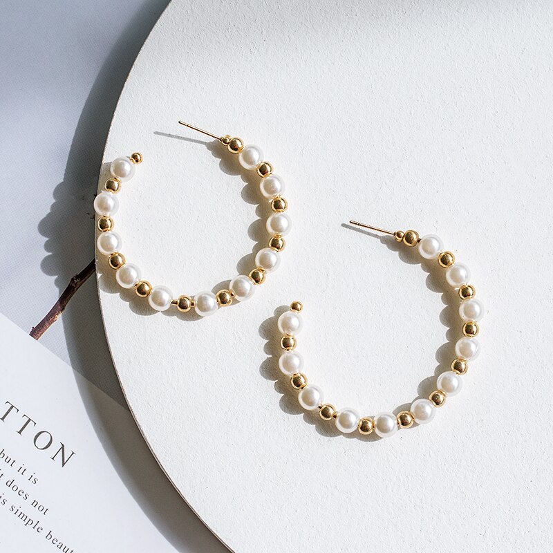 Boucles d'oreilles créoles en perles de culture coréennes, couleur or, simples, en forme de grand cercle, pour femmes, bijoux de mariage: Produit 6