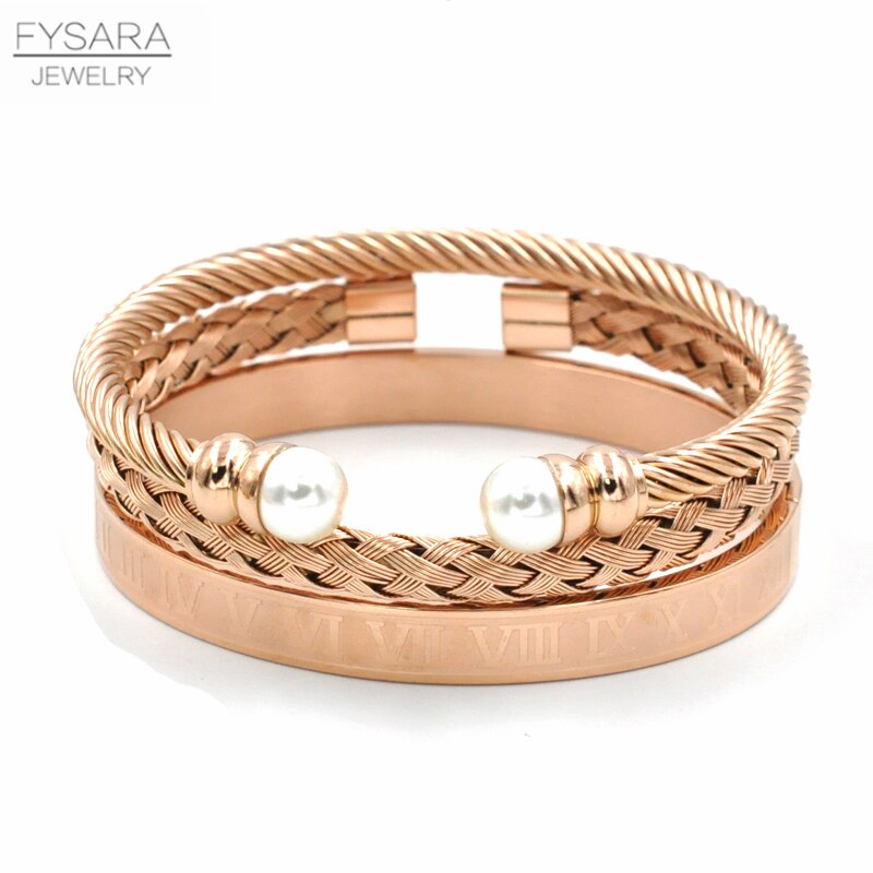 Fysara 3 pçs/set charme pérola manguito pulseiras feminino jóias acessórios rosa cor de ouro roman pulseiras fio torção manguito pulseiras