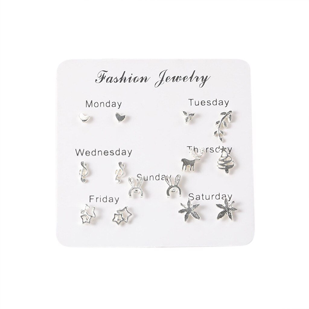 Women Heart Star Mini Earrings Set Girl Small Jewelry Square Leaf Pearl 6-pairs Stud Earring Sets Lady Mini Jewelry: E