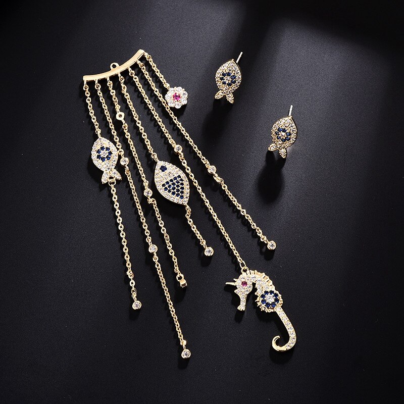 Asymmetrische Vis Zeepaardje Lange Kwastje Oorbellen Oorbellen Lange Marine Elementen Oor Sieraden Seaside Oorbellen