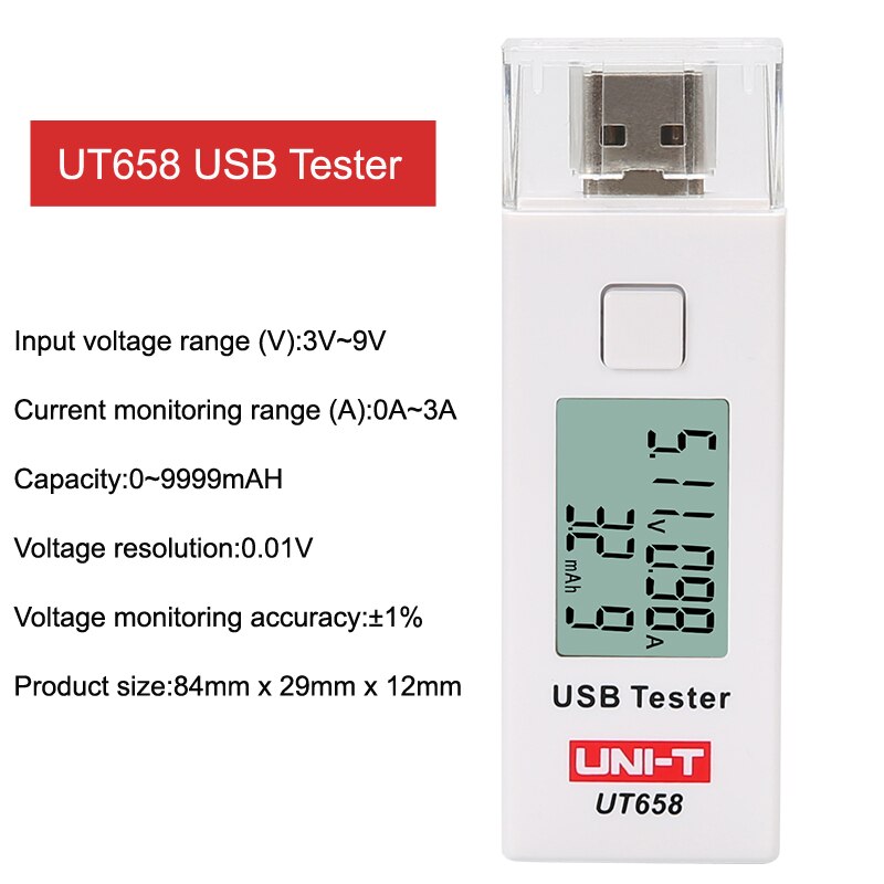 Usb Tester UNI-T UT658 UT658B Mobiele Telefoon Notebook Mobiele Power Veiligheid Monitor 3.0V-9.0V/0.0A-3.0A Lage Waarschuwing Lcd Display: UT658