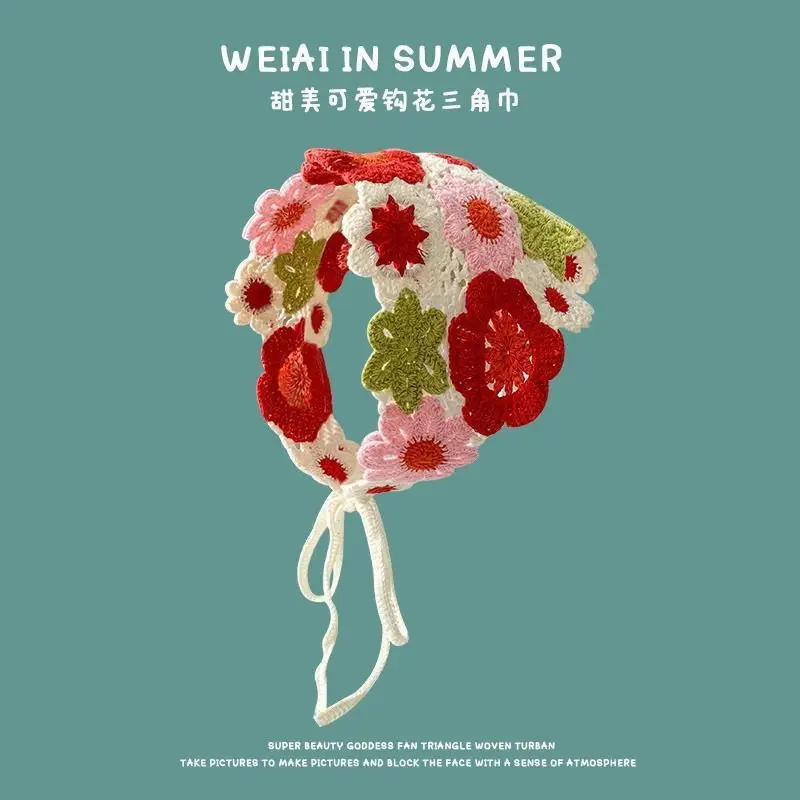 Korean Sweet Cute Handmade Crochet Hollow Triangle Headband Towel Women Spring and Summer Travel Literary Photo Hair Scarf: Red