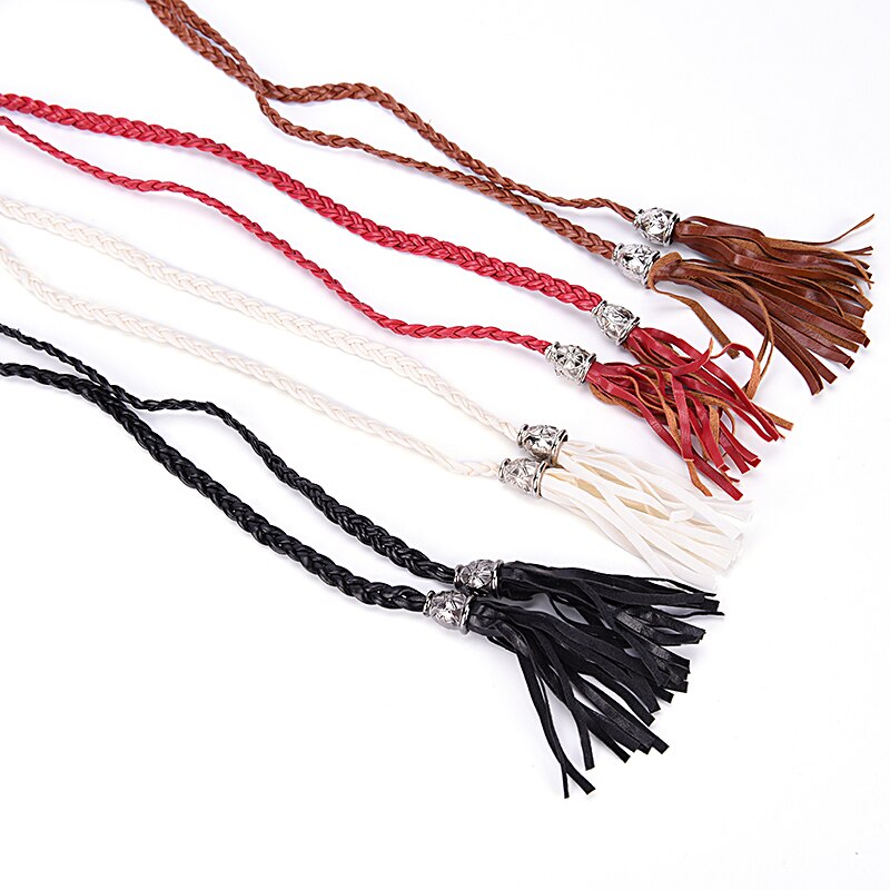 Cinturón de cuerda de cintura estrecha para mujer, sencillo, de cuero PU, con borlas trenzadas, vida diaria, 1 ud.
