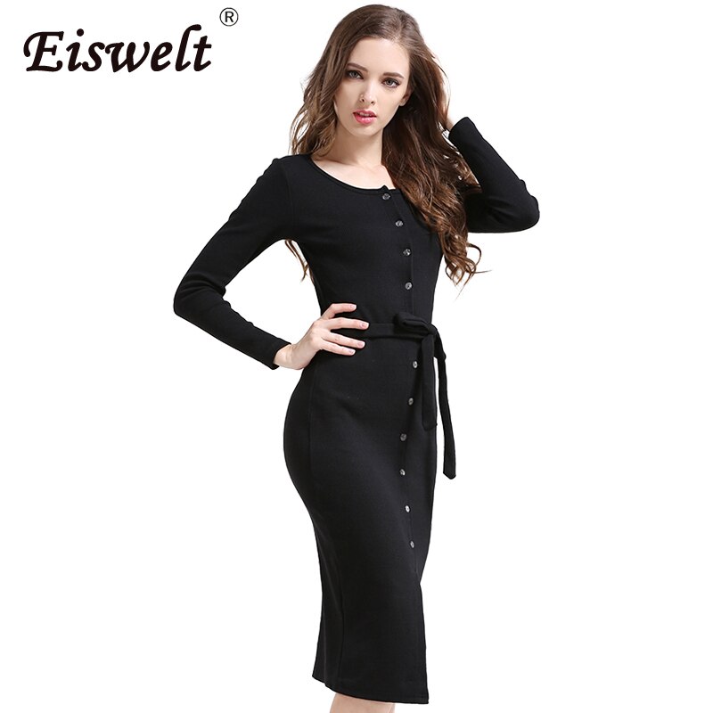 EISWELT Gebreide Vintage Jurk vrouwen Herfst en Winter Bodycon Vestidos Lange Mouwen Fitness Jurken