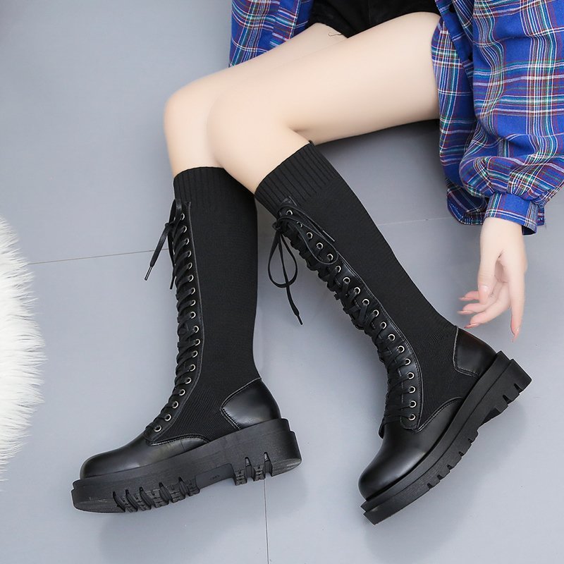 Herfst dames zwarte platform lange laarzen kruisgeknoopt patchwork schoenen elastische gebreide kniehoge laarzen dames