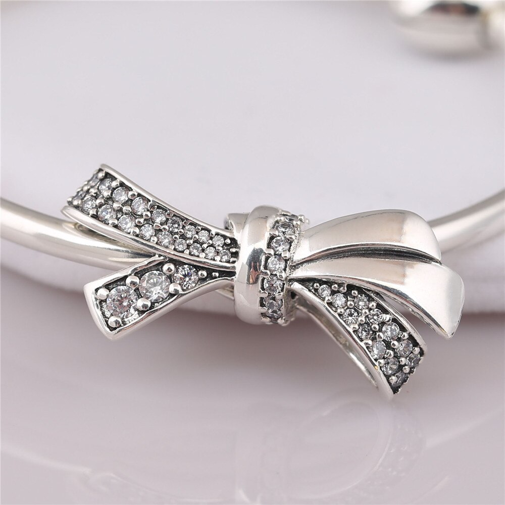 Echtes 925 Sterling Silber Perle Charme Funkelnden Übergroßen Brillante Bogen Mit Kristall Perlen passen Frauen Pfanne Armbinde & Neckla