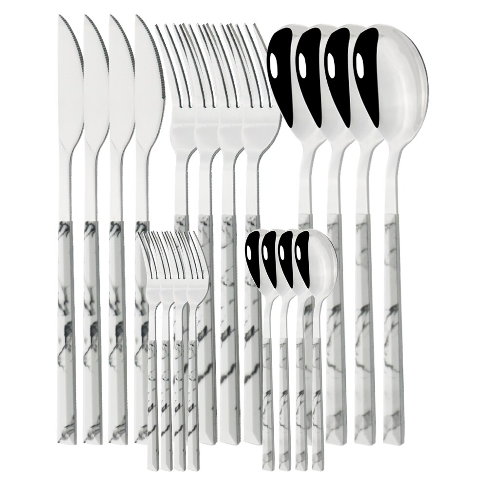 20Pcs Zilveren Houten Handvat Westerse Servies Set Roestvrij Stalen Bestek Set Mes Vork Lepel Theelepel Diner Servies Set: A White Silver