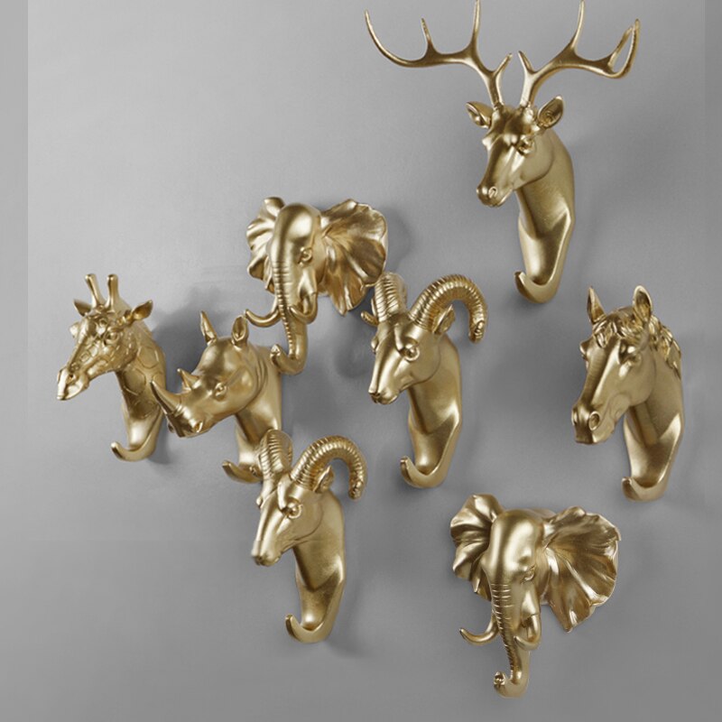Rural style Resin Gold Animal Head Clothes Hanging Coat Towels Hooks Hanger Decorative Wall Hooks