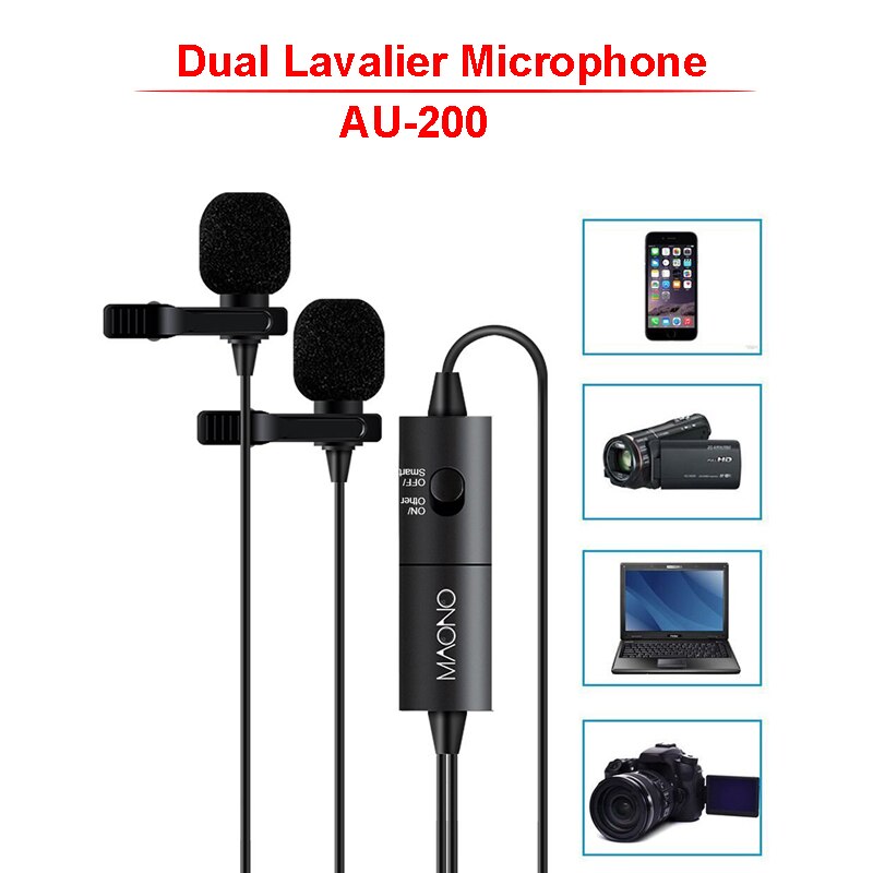 MAONO Dual Lavalier Microphone HandsFree Clip-on Lapel Microphone Mini Collar Condenser Mic for Camera DSLR Phone PC Laptop: AU-200