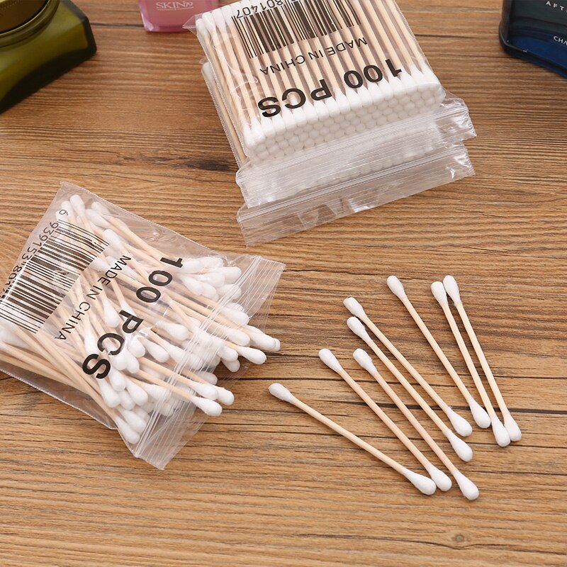 100 stks/pak Dubbele Hoofd Wattenstaafje Baby Vrouwen Make-Up Wattenstaafjes Tip Voor Medische Wood Sticks Neus Oren Schoonmaken Gezondheid zorg