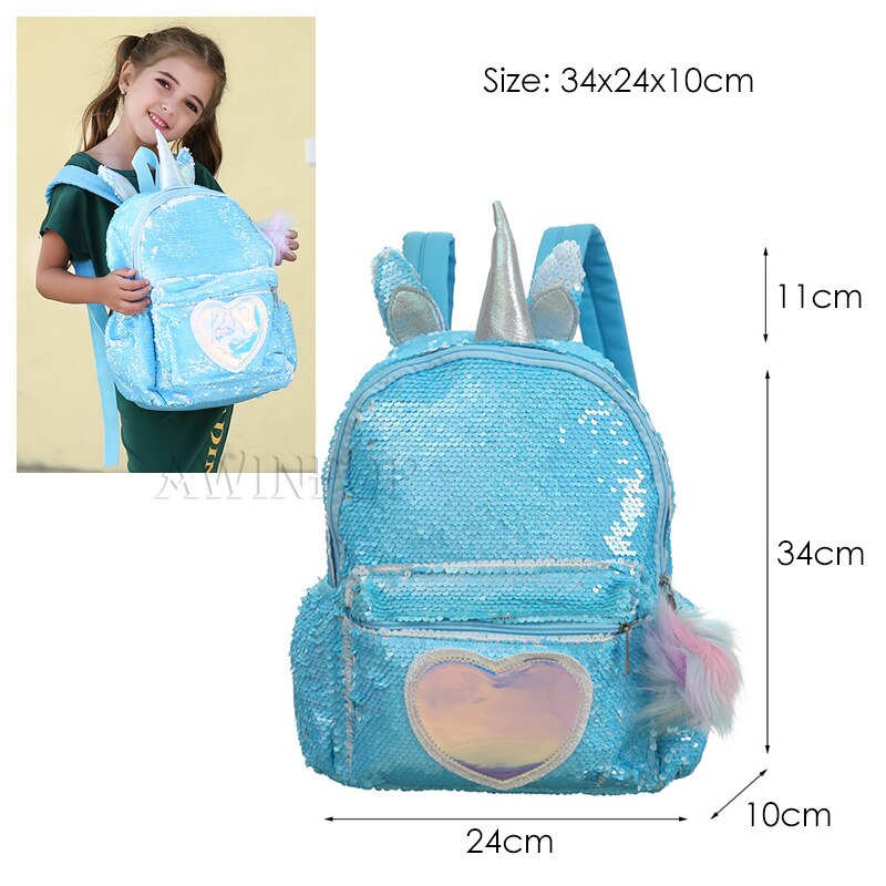 Mermaid Sequin Backpack for Girls Children Large 3D Cartoon Unicorn School Bag Teenager Hologram Heart Love Backpack: 11
