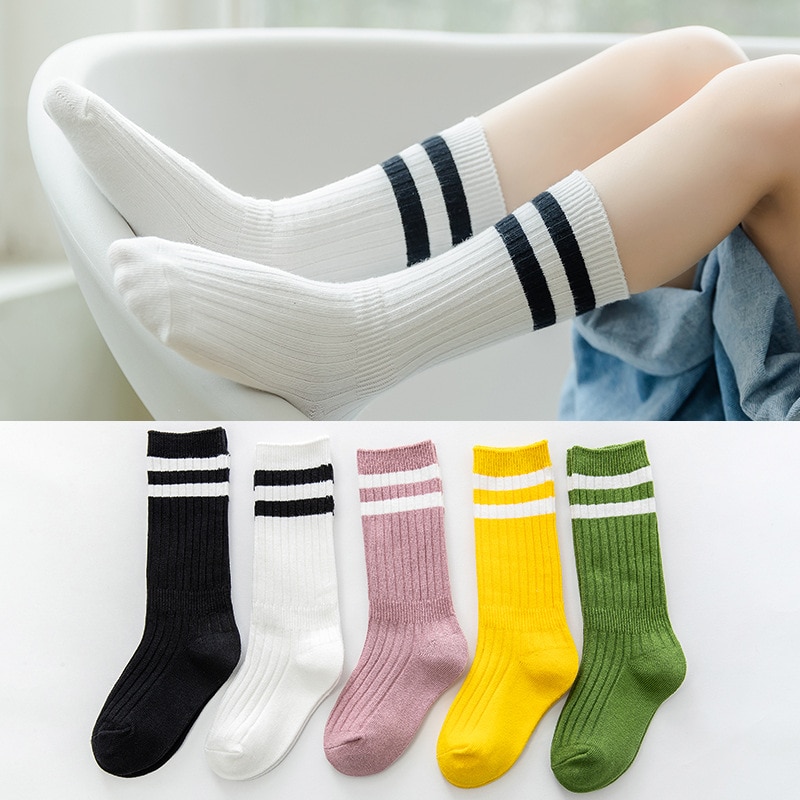 Lente En Herfst Kinderen Sokken College Stijl Twee-Bar Jongens En Meisjes Baby Groen Roze Geel sport Sokken 1-9T