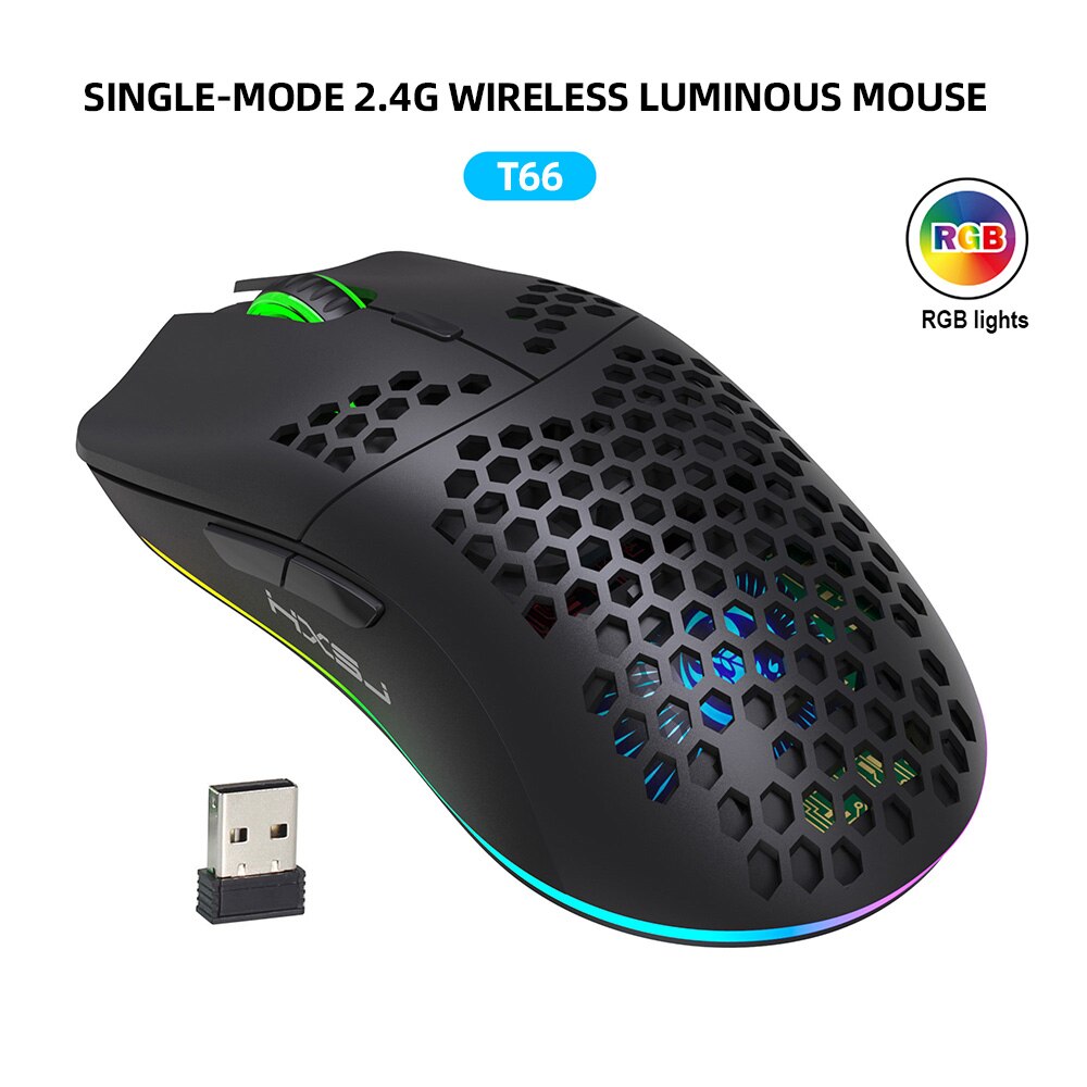 HXSJ Hole Heat Dissipation Light 2.4G Wireless Mouse Rechargeable 3600DPI Adjustable RGB Lighting for Notebook PC: T66 Black