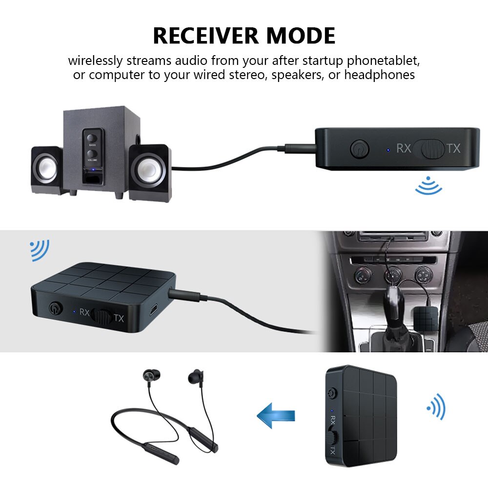 2 In1 Bluetooth 5.0 Audio Transmitter Receiver Adapter Portable Wireless Audio Transceiver RX/TX Mode for TV Car Computer