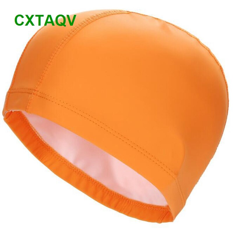 Comfortable Fit Adult Men Women Blank Swimming Cap Elastic Waterproof PU Fabric Protect Ears & Long Hair Swim Pool Hat: Orange