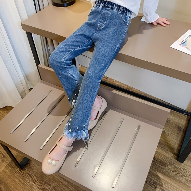 Printemps adolescente solide Jean botte coupe perle décoration Jean pour filles décontracté enfants pantalons enfants automne vêtements 4 6 9 12 14 ans