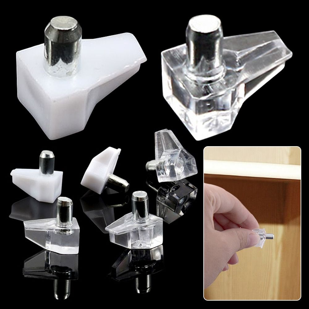 Support d'étagère transparent blanc avec goupille métallique, quincaillerie de support de planche, chevilles en plastique, filetage de goujon, accessoires de meubles, 5mm, 10 pièces