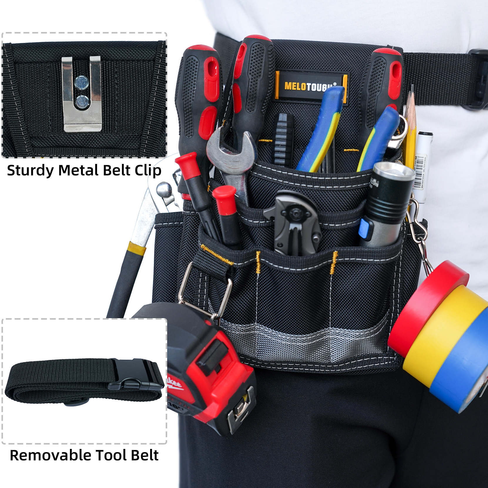 MELOTOUGH Elektriker-Werkzeugtasche, Werkzeuggürteltaschen mit Gürtelclip, Isolierbandkette, mehrere Taschen, Werkzeug-Organizer