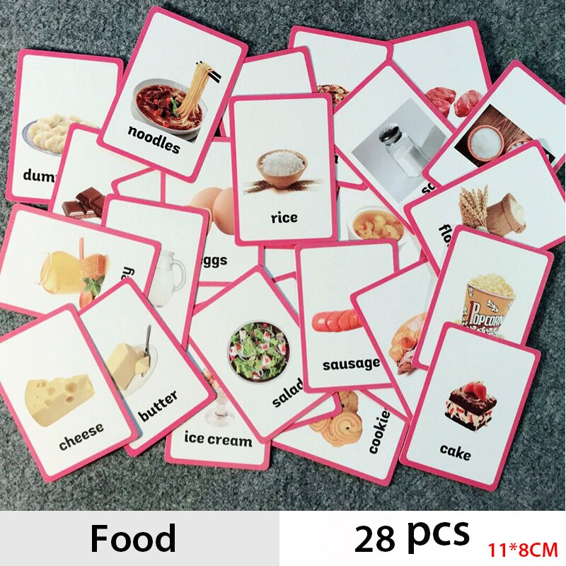 18 stk / sæt madmængder engelsk ord flashkort børn, der lærer kort tidlige pædagogiske legetøj