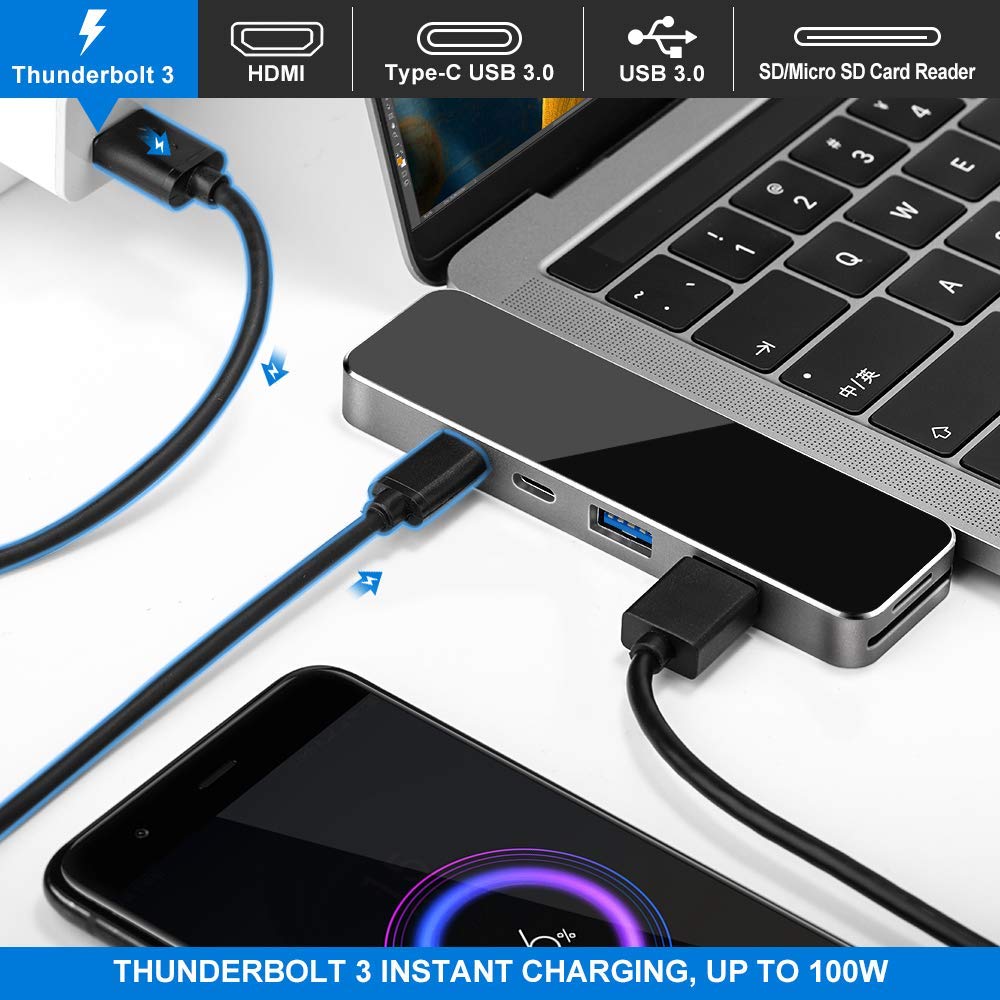 7in1 Dual USB C Hub Adattatore per MacBook Pro/Air 2018-Ora con Thunderbolt 3, 4K HDMI USB 3.0 Tipo-C Porta Dati SD/lettore di Schede di TF