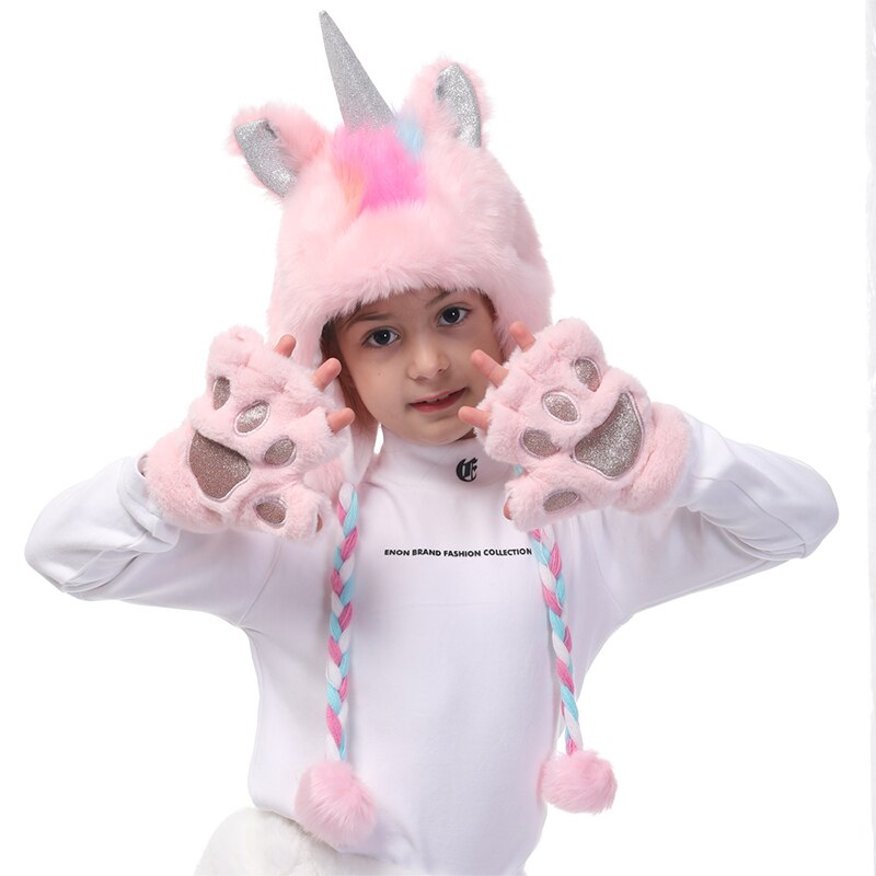 Unicorn Winter Hat Gloves Paws Unicorn Christmas For Girls Winter Faux Fur Hats Glove Set for Beanie Cosplay Photography