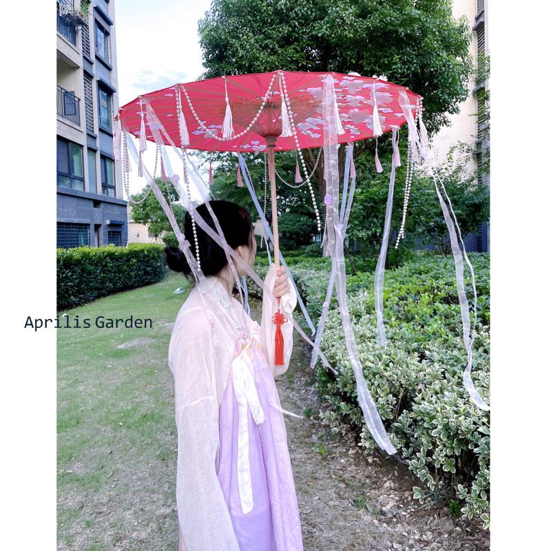 82cm hanfu cospaly blau geöltes Papier Regenschirm Frauen Fotografie Requisit Band antike Quasten Regenschirm Fan Paraguas Sonnenschirm