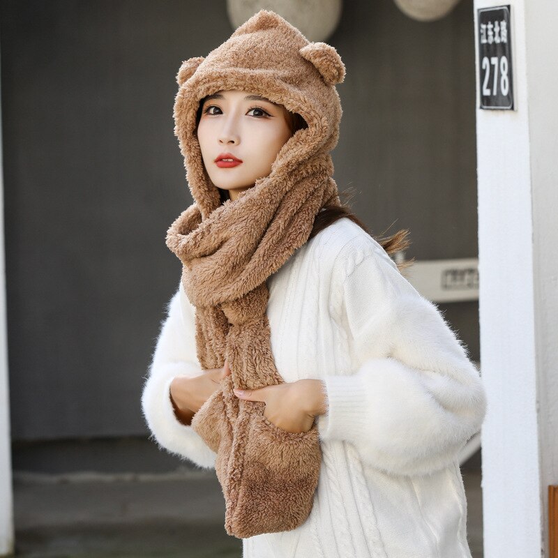 Women Cap Caps Warm Cute Bear Ear Hat Casual Plush Hat Scarf Set Casual Novelty Beanies Solid Winter WomenAC2164