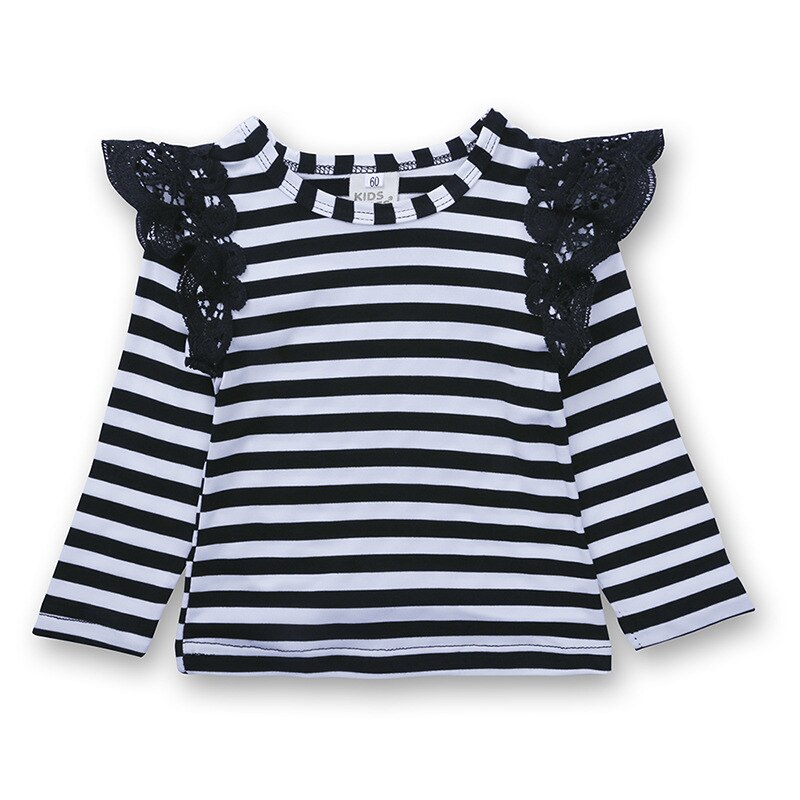 Kinderen T-shirt Strip Sweatshirts Lange Mouwen Katoen Peuter Baby Kids Ronde Kraag Lace Blouse Tops Voor Meisjes: blackwhite / 18m