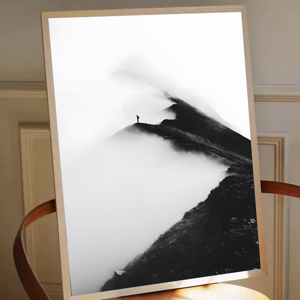 Zelfklevende poster met schilderij en prints voor slaapkamer en woonkamer, minimalistische zwart-wit berglandschap met bomen en kraaien.: Xs / Roze