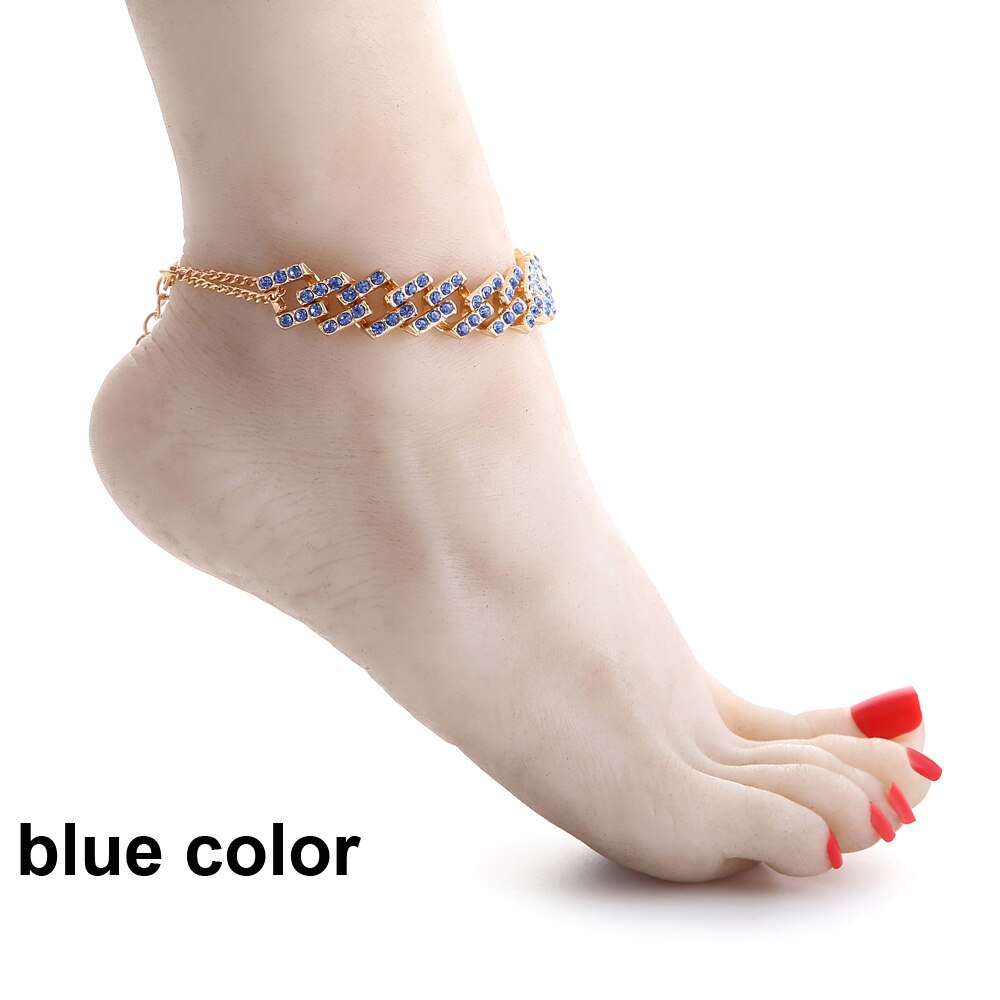 Tobillera ostentosa con diamantes de imitación para Eslabón cubano, cadenas para el tobillo, sandalias para mujer, cadena para pies descalzos, joyería al por mayor: blue color
