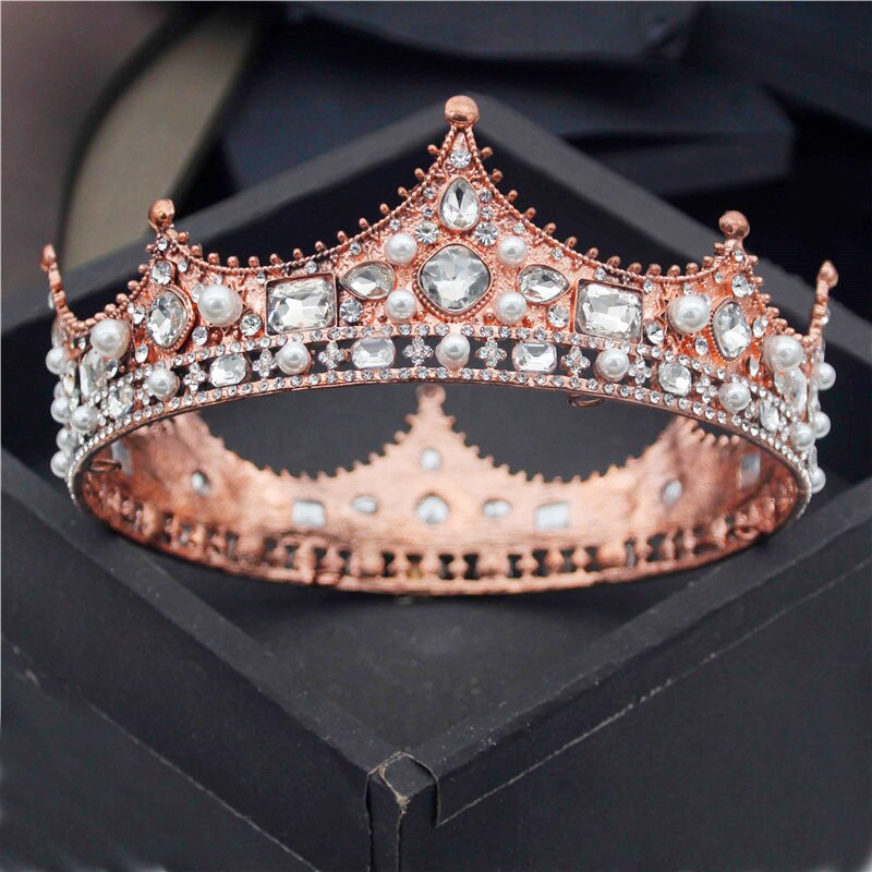 Baroque Royal King Diadem Men Crystal Pearls Metal Tiaras Wedding Crown Hair Jewelry Big Head Ornaments Prom Party Accessories