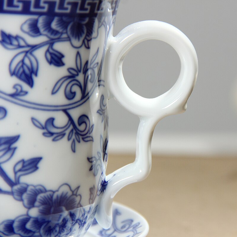 Retro Chinese Blauw Wit Porselein Thee Cup Set Met Schotel Deksel Infuser 260 Ml Keramische Theekopje Met Thee Filter