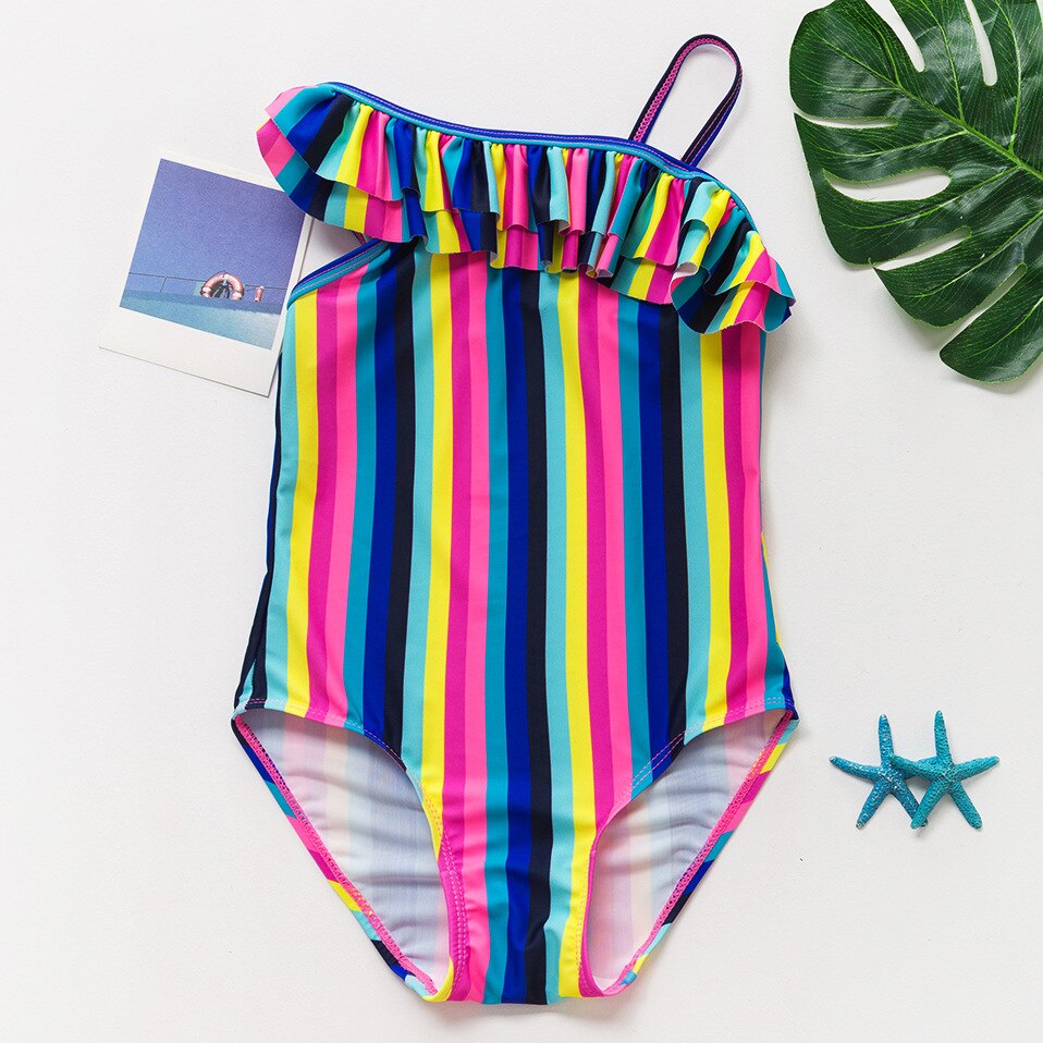 Girls Swimsuit One Piece 5-14 Years Girls Swimsuit Swimwear Ruffle Style Striped Children's Swimwear Kids Beach Wear: 5-6Years