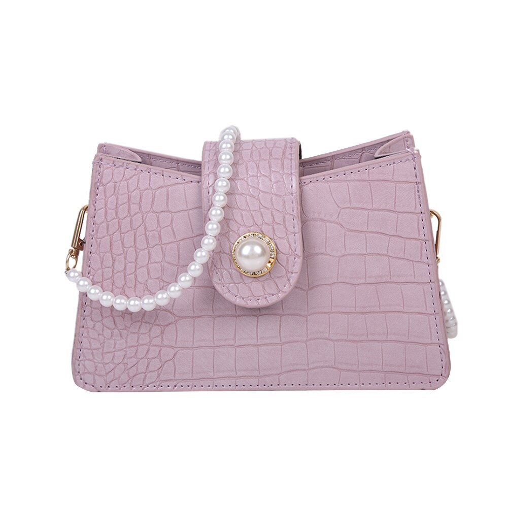 Jugend Damen Einfache Vielseitige Tasche Frauen Einfarbig Handtaschen Dame PU Leder Perle Kette Kleine Schulter Totes Tasche: LILA