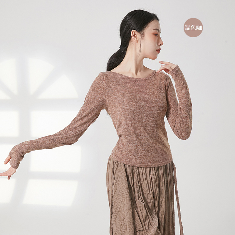 Dansen Praktijk Kleding Voor Vrouwen Folk Stijl Body Rijm Yoga Top Lange Mouw Duim Vinger Gat T-shirt Slim Moderne volwassenen 2XL