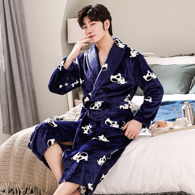 Xizou høst vinter herre pyjamas dyreprint langermet pyjamas nattmorgenkåpe mannlig flanell kimono badekåpe nattøy