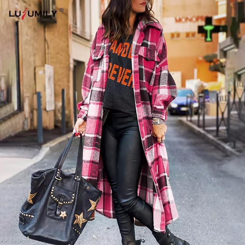 Lusumily – veste longue à carreaux pour femme, – Grandado