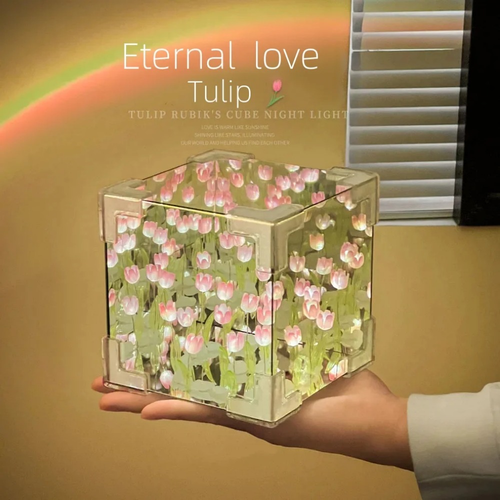 Lámpara de mesa de tulipán artesanal para dormitorio, luz nocturna de espejo de tulipanes, flor de simulación hecha a mano, de cumpleaños