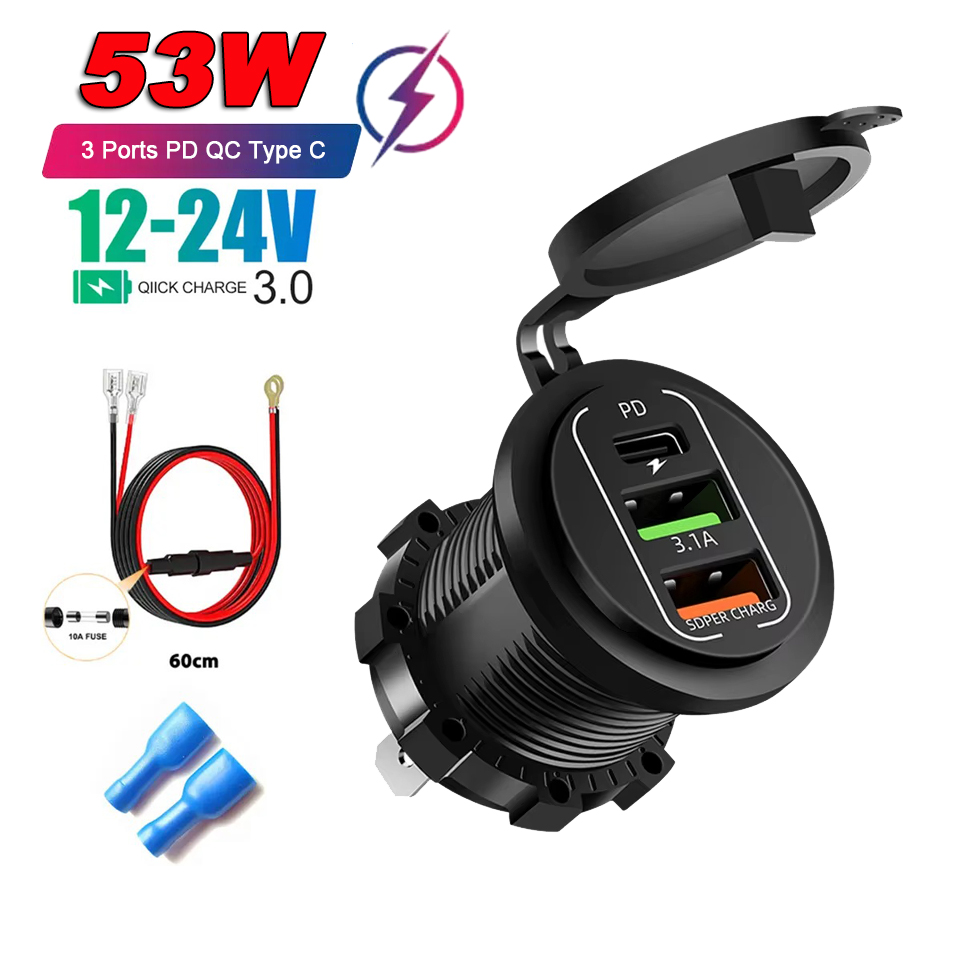 86W Dual QC3.0 USB & Dual PD3.0 Car Charger Power Outlet Socket Type-C Fast Charging Outlet with LED Voltmeter 12-24V For Cars: Blu