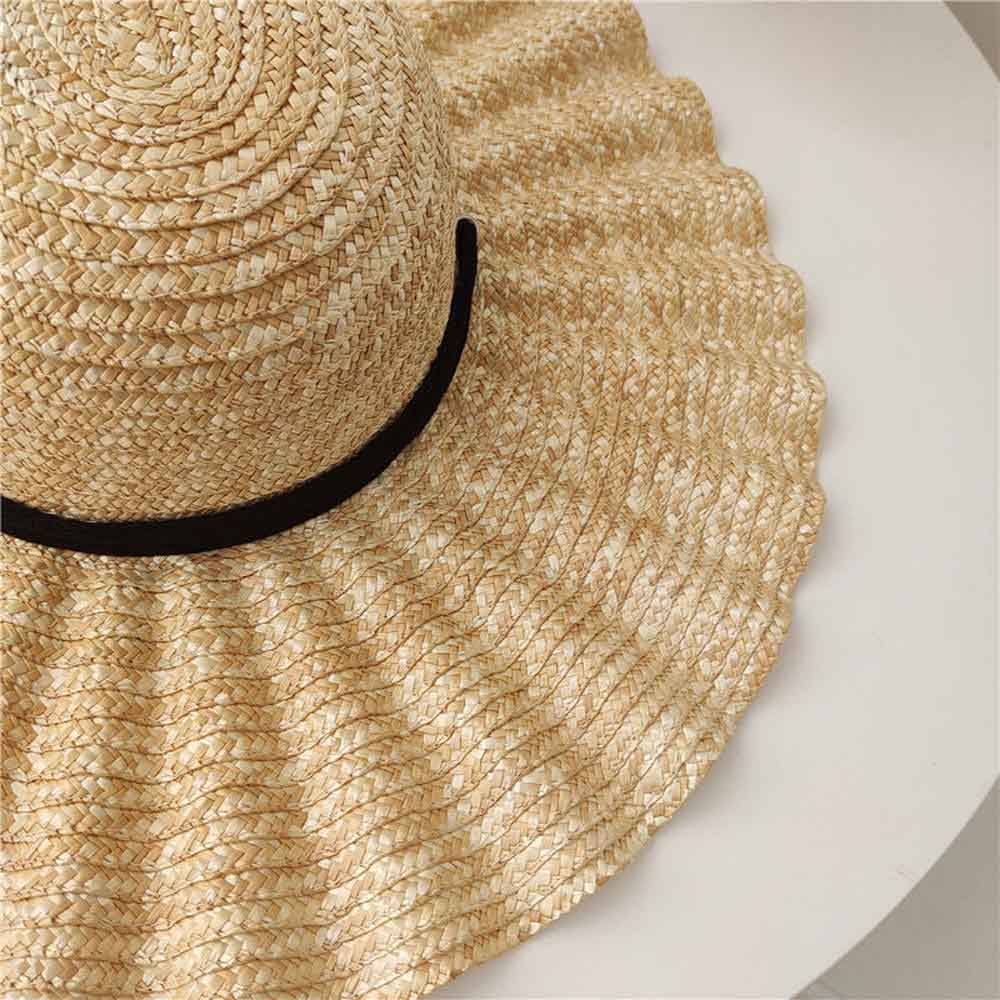 Sort naturlig stråhat kvinder med snøre bred brim lotus blad halm hatte bånd pige sommer uv solhat strandhat
